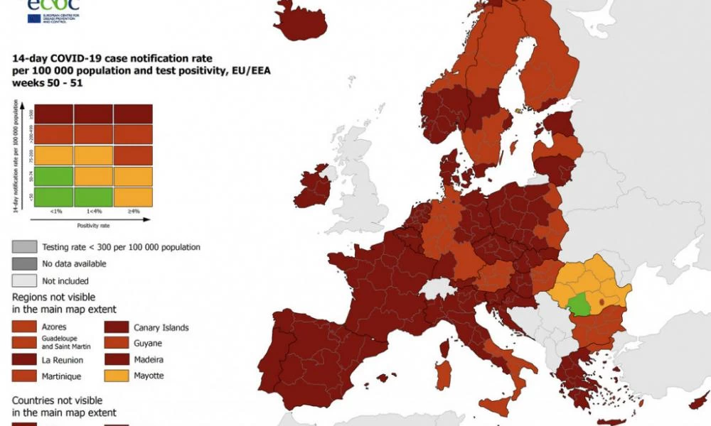 ECDC: Στο «βαθύ κόκκινο» η Ελλάδα και σχεδόν όλη η Ευρώπη – Ανέβηκε επίπεδο και ο δείκτης θετικότητας